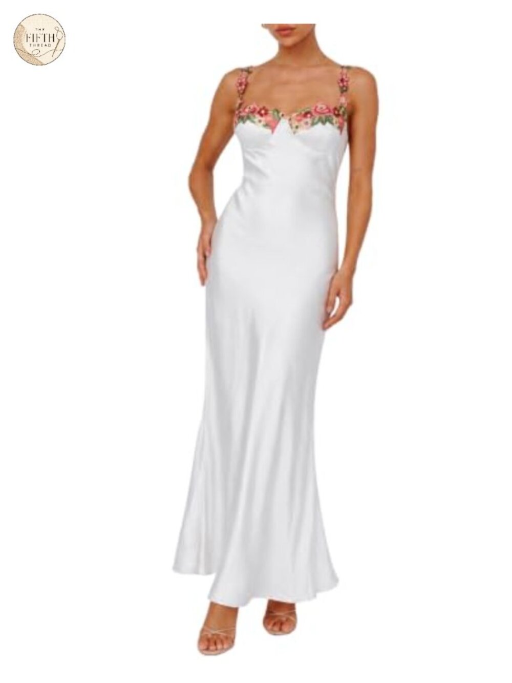 Satin Spaghetti Strap Floral Applique Maxi Dress Sweetheart Backless Slit